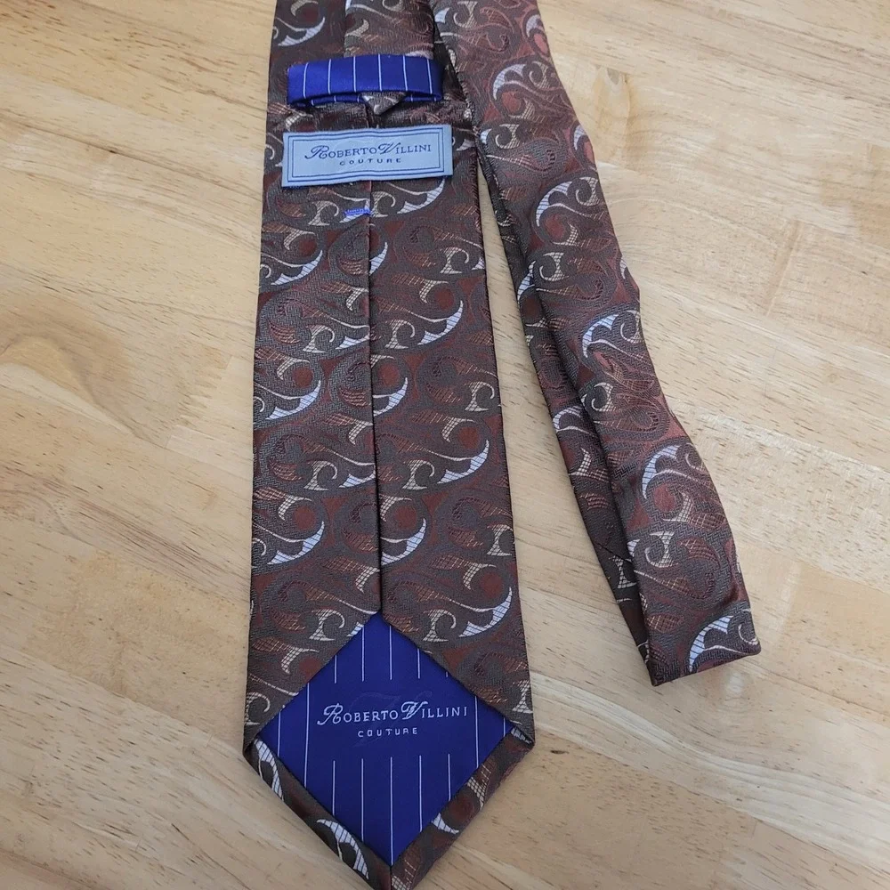 Roberto Villini Couture Mens Tie‎ Brown Silver Abstract Paisley Woven Silk Blend